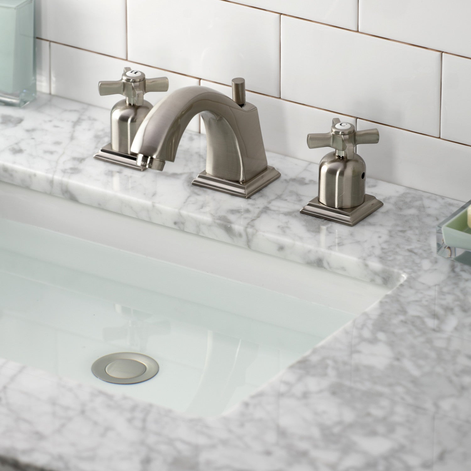 Kingston Tulare FSC4688ZX - Millennium Two-Handle 3-Hole Deck Mount Widespread Bathroom Faucet with Pop-Up Drain, Brushed Nickel — thumbnail 2